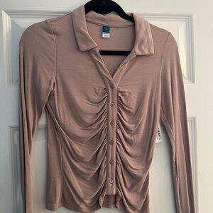 Ruched Button-Up Collared Top - Pink